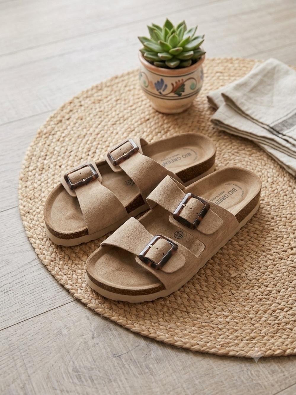 Birkenstock Two-Strap Suede Sandals in Taupe